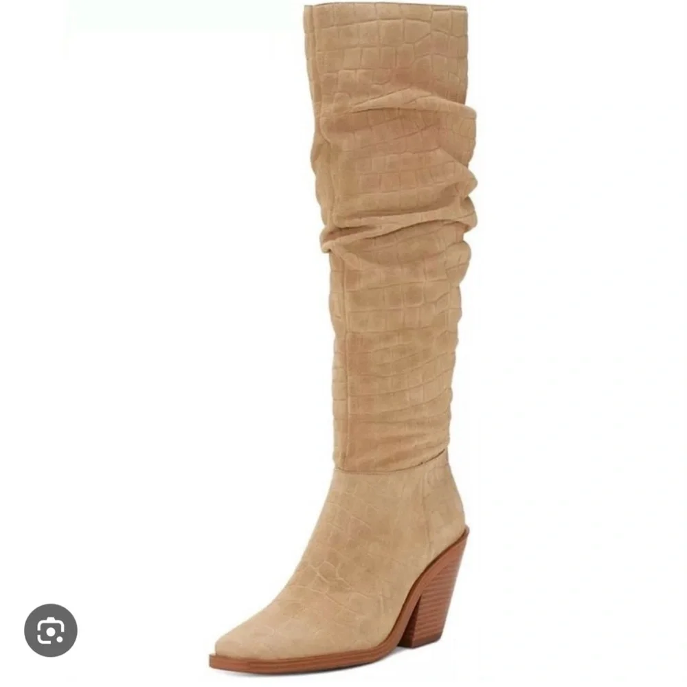 Taupe Suede Knee-High Women's Boots - Picture 1 of 5